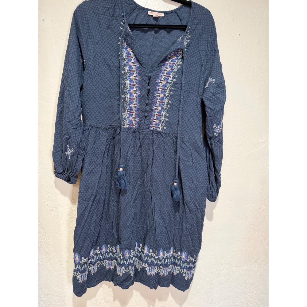 Knox Rose Blue Boho Embroidered Tassel Mini Dress Womens Medium Long Sleeve